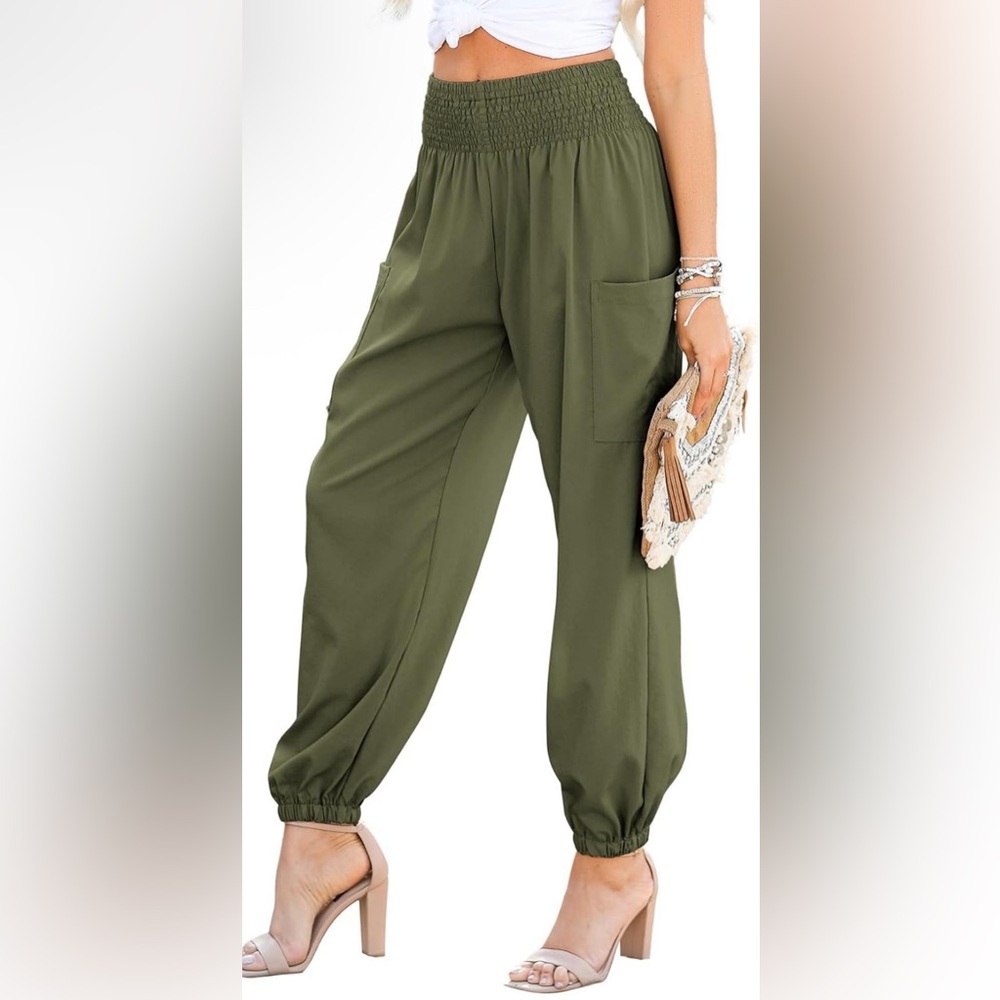 Cupshe NWT XL HUNTER GREEN EMBROIDERED SMOCKED WAIST Wide-Leg jogger Pants
